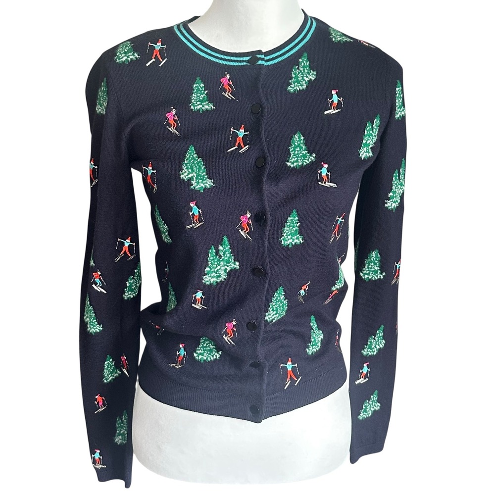 Talbots Petites Cardigan NWT Size Petite Navy Skiing Trees Embroidered Sweater